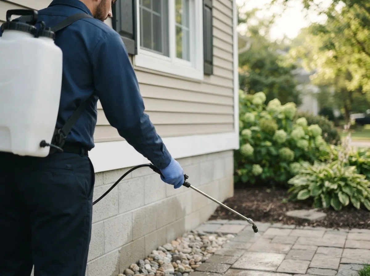 Pest control technician inspecting a home in Lawton, PA